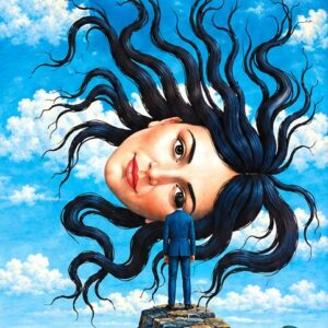 Painting by Rafał Olbiński: a woman's face with flowing hair in the sky above a man standing on a stone pier by the sea