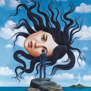 Painting by Rafal Olbinski: a woman's face with flowing black hair in the sky above a man in a suit standing on a stone pier by the sea