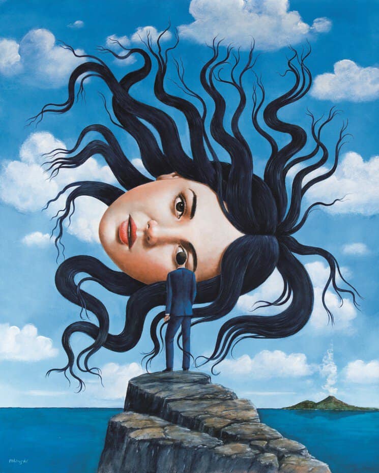 Painting by Rafal Olbinski: a woman's face with flowing black hair in the sky above a man in a suit standing on a stone pier by the sea