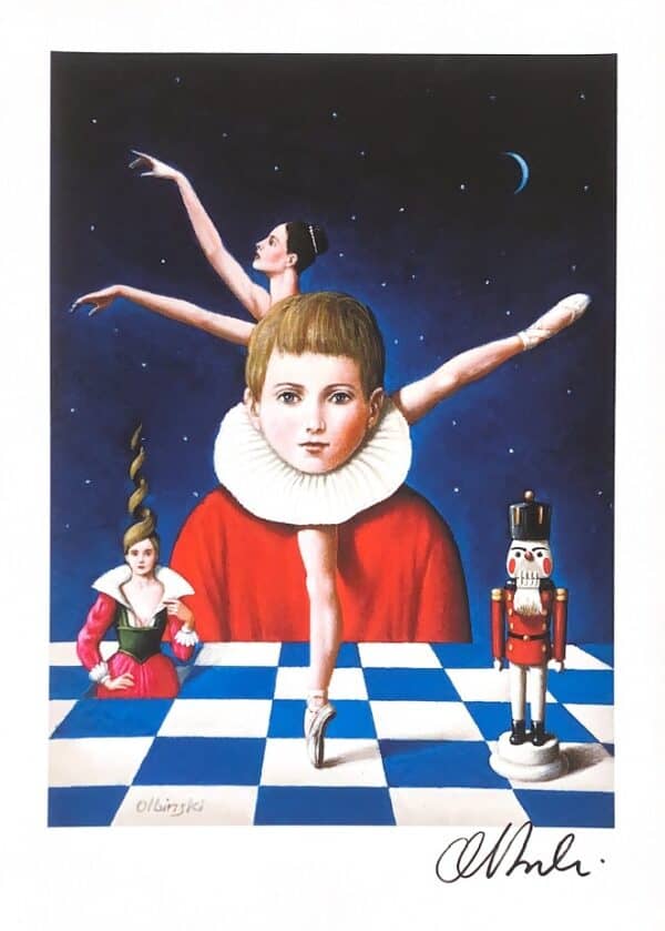 Signed Rafal Olbinski poster: A child in a white ruff and red cape, a ballerina dancing on a chessboard under a starry night sky, and a nutcracker standing guard.