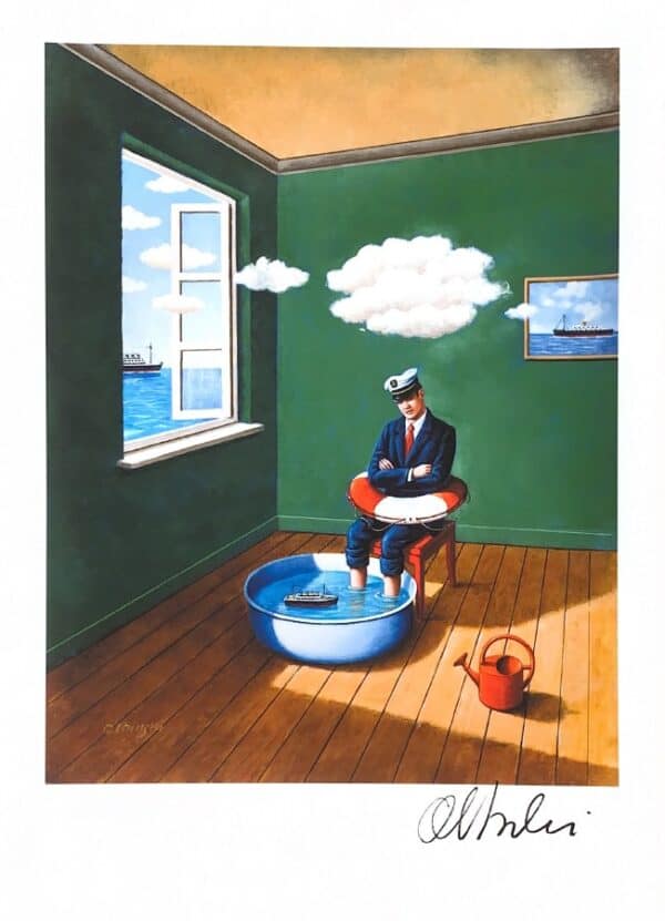 Signed Rafal Olbinski poster: A captain in a life ring sits with his feet in a basin holding a toy ship, a cloud drifting through the room from the open window.