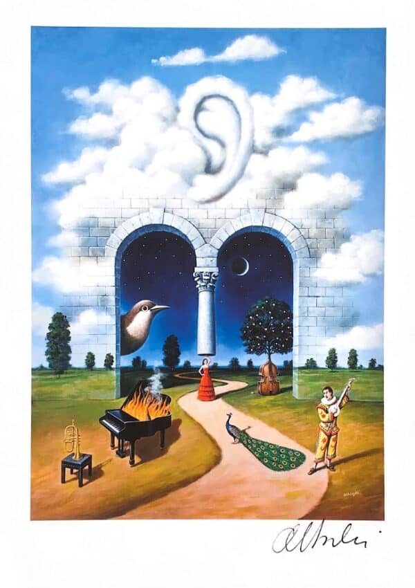 Signed Rafal Olbinski poster: A great ear formed from clouds above a stone arcade, with a burning grand piano, a peacock, a harlequin with a mandolin and a winding path.
