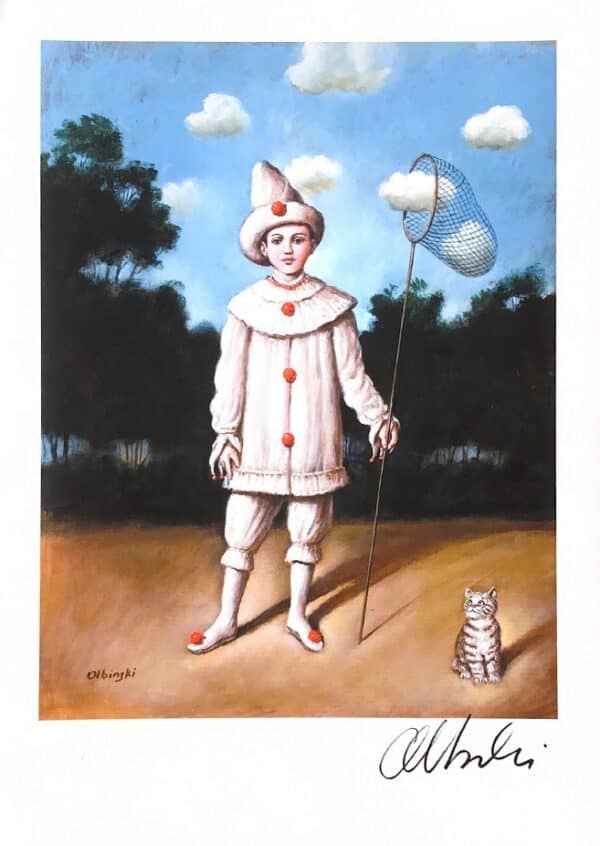 Signed Rafal Olbinski poster: A young Pierrot catches clouds with a butterfly net while a small tabby cat looks on.