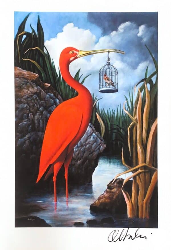 Signed Rafal Olbinski poster: A scarlet ibis stands in still water, holding a birdcage in its beak.