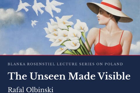 Olbinski painting of a woman in red holding calla lilies that turn into white birds, with the lecture title The Unseen Made Visible