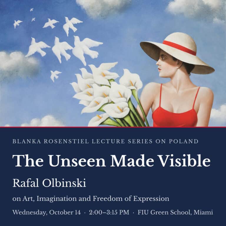 Olbinski painting of a woman in red holding calla lilies that turn into white birds, with the lecture title The Unseen Made Visible